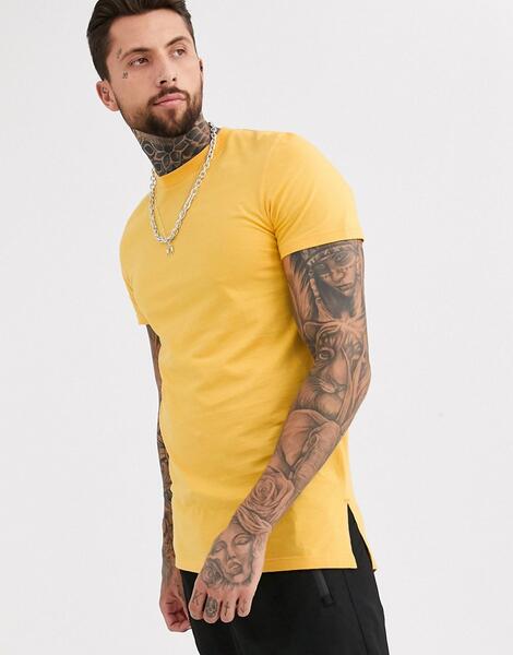 Желтая длинная футболка с круглым вырезом и разрезами по бокам -Желтый ASOS DESIGN 8992029