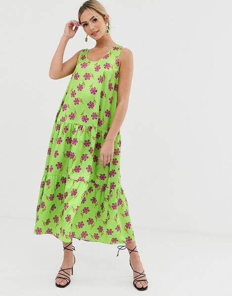 Зеленое платье миди А-силуэта с цветочным принтом -Зеленый Liquorish 8599183