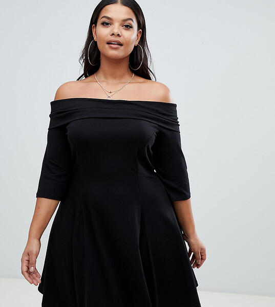 Короткое приталенное платье со спущенными плечами ASOS DESIGN Curve-Черный Asos Curve 7861772