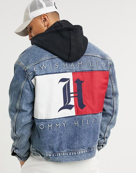 Джинсовая куртка в стиле oversized выбеленного цвета индиго с логотипом на спине и капюшоном x Lewis Hamilton-Синий Tommy Hilfiger 10522336