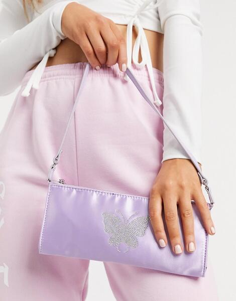 Плоская удлиненная сумка сиреневого цвета на плечо в стиле 90-х с бабочкой в стиле горячей фиксации -Фиолетовый цвет ASOS DESIGN 10747011