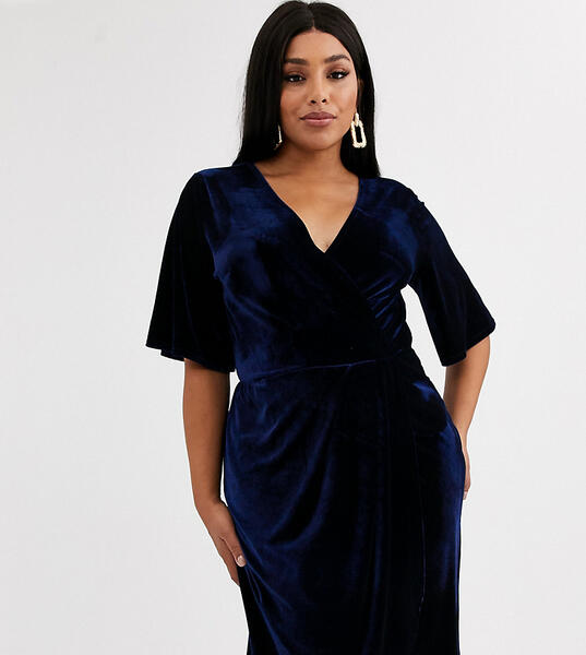 Бархатное платье миди с запахом и широкими рукавами -Темно-синий TFNC Plus 9195838
