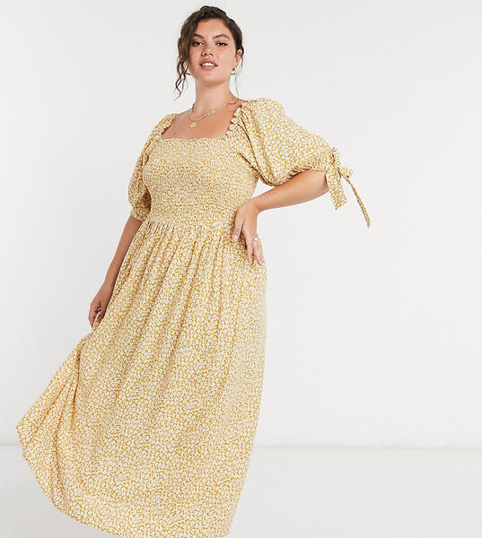 Платье макси горчичного цвета с присборенным лифом и мелким цветочным принтом ASOS DESIGN Curve-Мульти Asos Curve 9802797