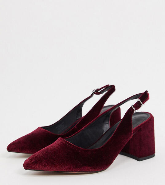 Бордовые бархатные туфли на каблуке с ремешком через пятку для широкой стопы -Красный ASOS DESIGN 10298755