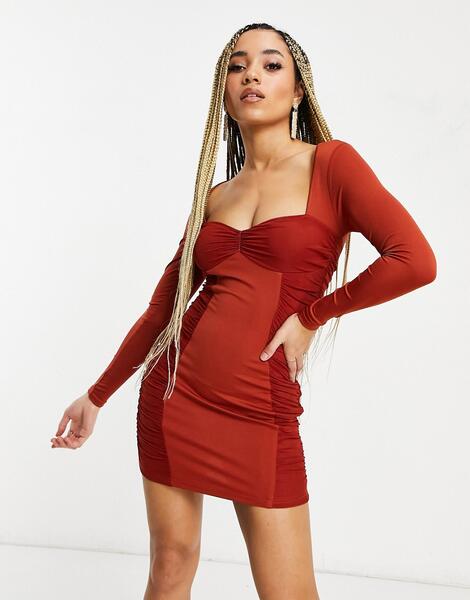 Облегающее платье рыжего цвета со сборками и сетчатыми вставками по бокам -Красный Love & Other Things 11128297