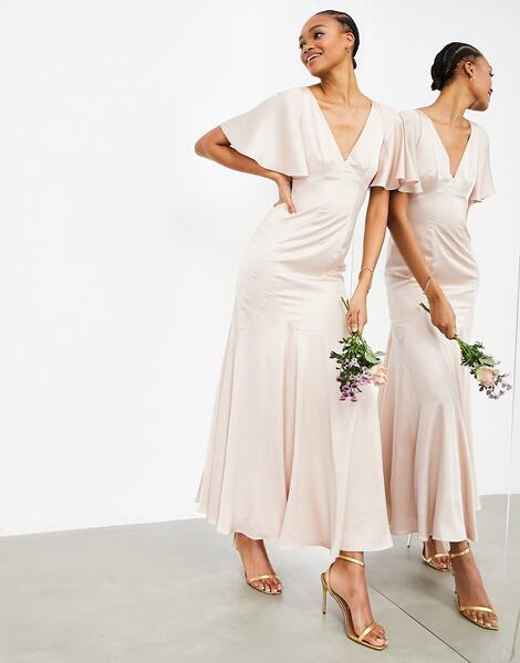 Розовое атласное платье макси с рукавами клеш -Розовый цвет ASOS Edition 11157236