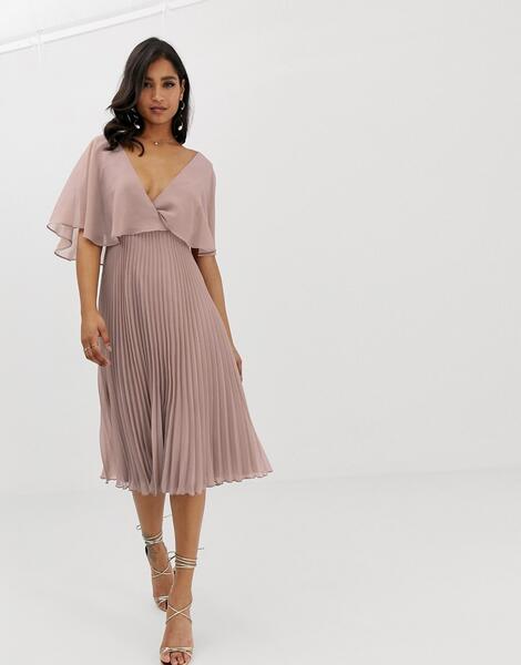 Платье миди с рукавами клеш и плиссированной юбкой -Розовый ASOS DESIGN 7917546