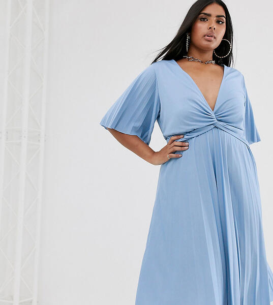 Плиссированное платье миди с широкими рукавами ASOS DESIGN Curve-Синий Asos Curve 8811929