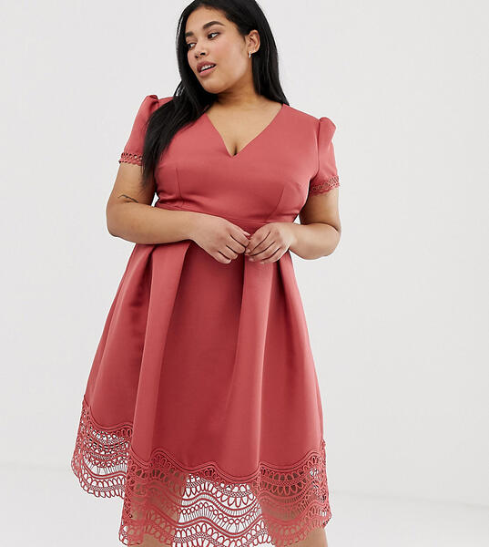 Пышное платье миди для выпускного терракотового цвета с глубоким вырезом и кружевной отделкой -Красный Little Mistress Plus 8001976