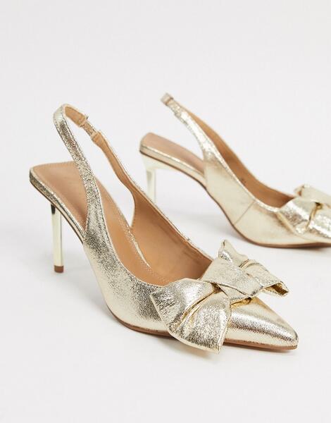 Золотистые туфли на среднем каблуке с бантом и ремешком через пятку Soul-Золотистый ASOS DESIGN 9795341