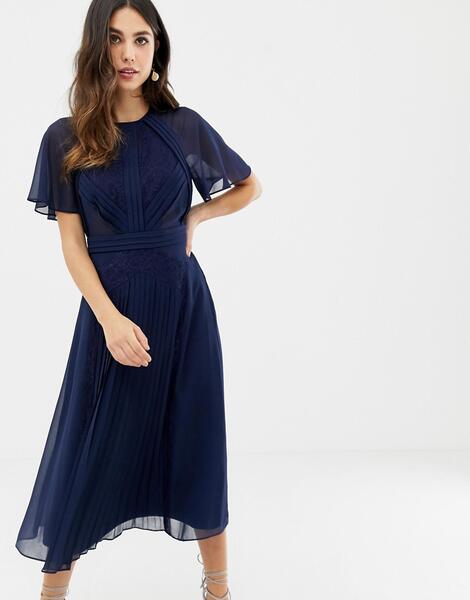 Плиссированное платье миди с рукавами клеш и кружевными вставками -Темно-синий ASOS DESIGN 7781888