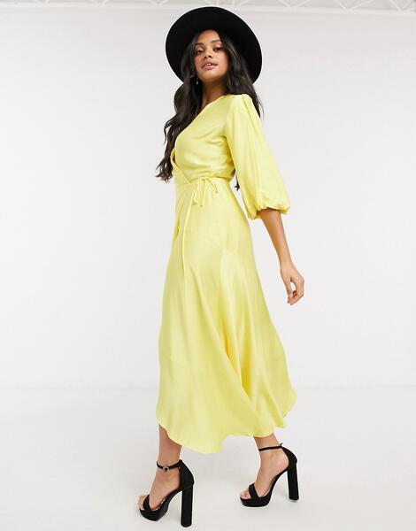 Желтое платье миди с запахом и объемными рукавами -Желтый Liquorish 10884662