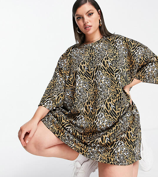 Коричневое платье-футболка в стиле oversized с фактурным леопардовым принтом ASOS DESIGN Curve-Коричневый цвет Asos Curve 11238400