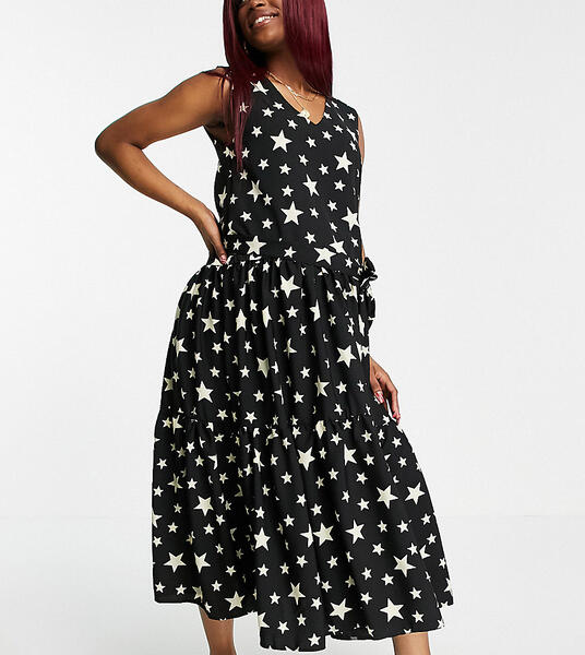Черное эксклюзивное многоярусное платье мидакси в звездочку без рукавов свободного кроя -Многоцветный Queen Bee 11359227