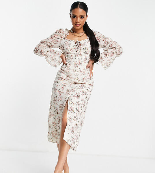 Платье макси кремового цвета с цветочным принтом и завязками на плечах -Белый MISSGUIDED 11680059