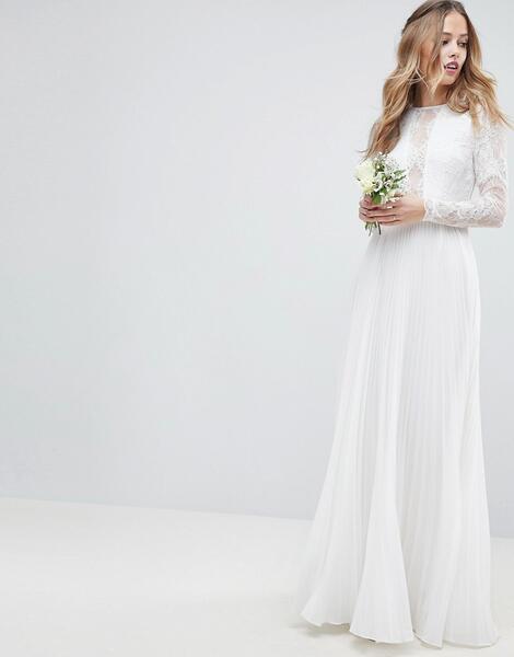 Свадебное платье макси с кружевным лифом, длинными рукавами и плиссированной юбкой -Белый ASOS Edition 7683297