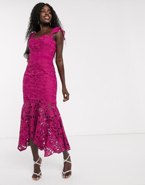 Кружевное платье миди цвета фуксии с годе -Розовый Chi Chi London 9273841