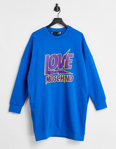 Синее платье-футболка с логотипом в форме молний -Голубой Love Moschino 11842933