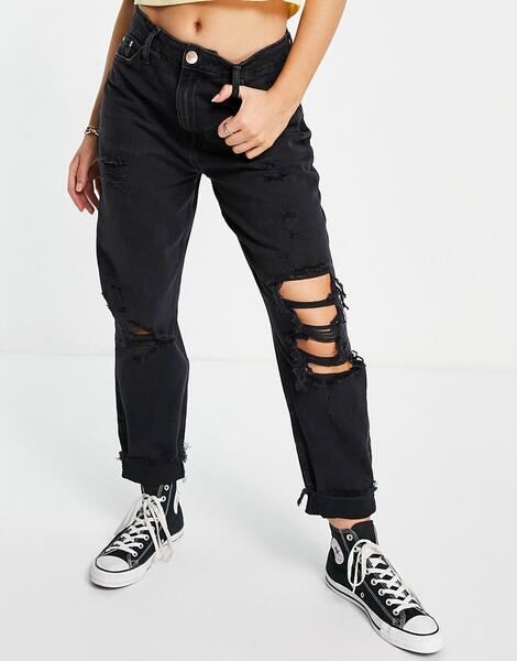 Черные джинсы в винтажном стиле со рваной отделкой на коленях Carrie-Черный River Island 11900388