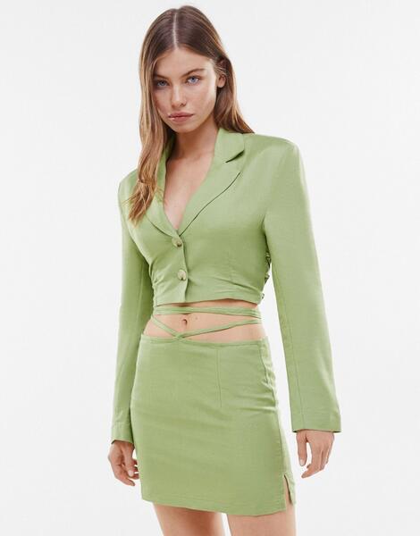 Классическая льняная юбка цвета хаки (от комплекта) -Зеленый цвет Bershka 11882915