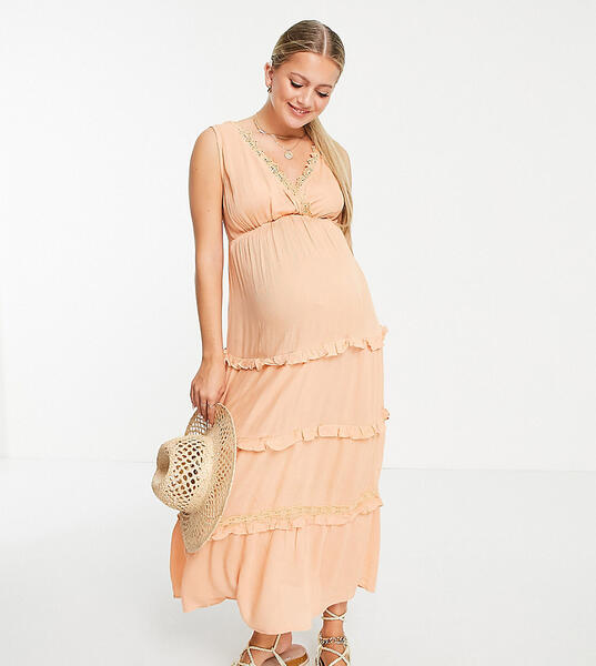 Персиковое ярусное платье макси из жатой ткани без рукавов с кружевными вставками ASOS DESIGN Maternity-Розовый цвет Asos Maternity 9813080