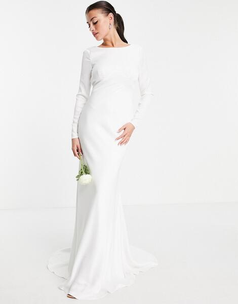 Атласное свадебное платье с длинными рукавами и декоративными швами Camilla-Белый ASOS Edition 11625493