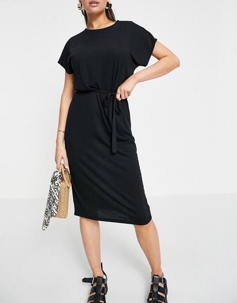 Черное меланжевое трикотажное платье миди с поясом -Черный цвет Jdy 11614576