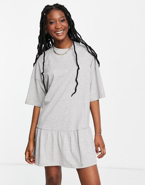 Серое меланжевое платье-футболка в стиле oversized с оборкой внизу -Серый ASOS DESIGN 11221743