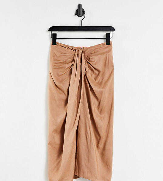 Светло-коричневая юбка миди с драпировкой ASOS DESIGN Petite-Коричневый цвет Asos Petite 11298901