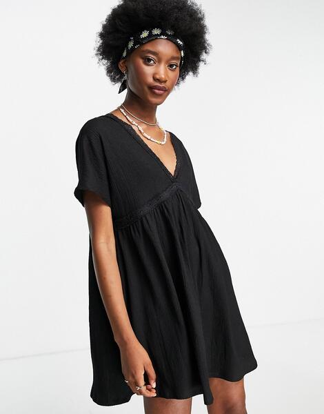 Черное платье мини с присборенной юбкой, кружевной отделкой и широкими рукавами -Черный цвет ASOS DESIGN 103432251
