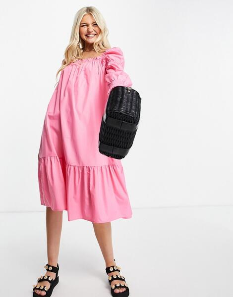 Ярко-розовое платье миди из хлопкового поплина -Розовый цвет QED London 11583986