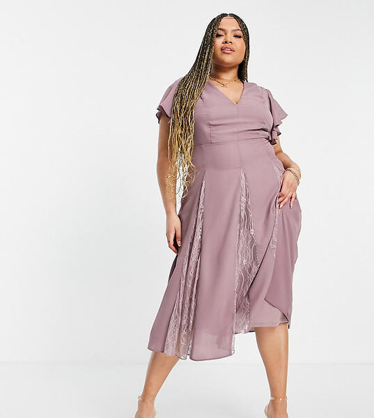 Платье миди с кружевными вставками ASOS DESIGN Curve-Фиолетовый цвет Asos Curve 11962962