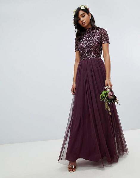 Длинное платье-туника ягодного цвета с высоким воротом и отделкой пайе MAYA 1304720