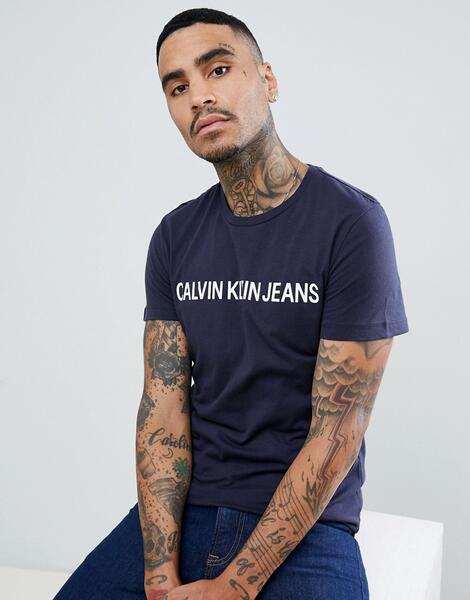 Темно-синяя приталенная футболка с логотипом Calvin Klein Jeans Instit 1283107