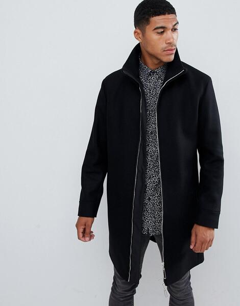 Черное шерстяное пальто с воротником в рубчик HUGO Meskar - Черный 1317145