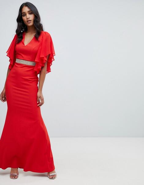 Красное декорированное платье макси с оборками на рукавах Lipsy 1313526