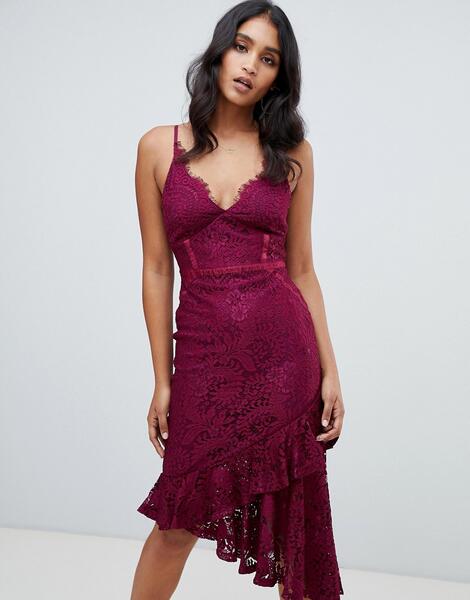 Фиолетовое кружевное облегающее платье с асимметричным подолом Lipsy 1313521