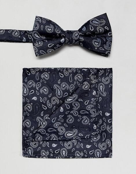 Темно-синий галстук-бабочка и платок для нагрудного кармана с принтом SELECTED 1303944