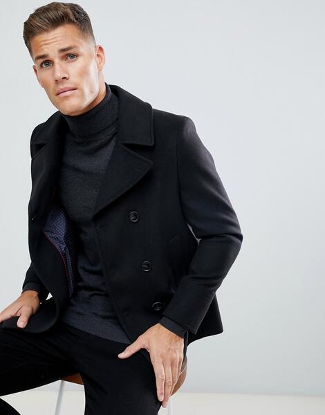 Черное пальто-бушлат из имитирующей шерсть ткани Burton Menswear 1335244