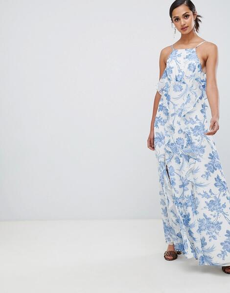 Платье макси с оборками и синим цветочным принтом ASOS DESIGN - Мульти 1284577
