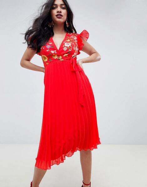 Плиссированное платье миди с вышивкой ASOS DESIGN - Красный 1318828