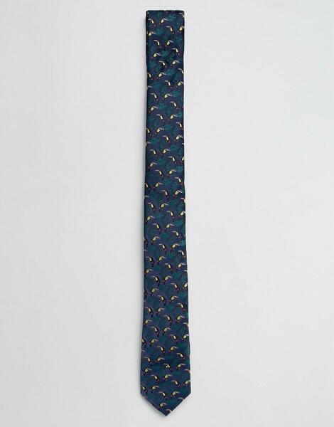 Темно-синий узкий галстук с вышитыми туканами ASOS DESIGN 1329362