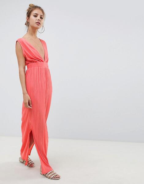 Плиссированное платье макси с глубоким вырезом ASOS DESIGN - Розовый 1292680