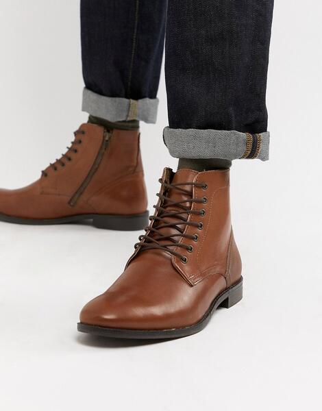 Коричневые кожаные ботинки на шнуровке с натуральной подошвой ASOS DES ASOS DESIGN 1161378