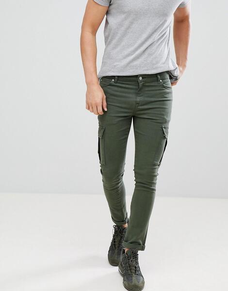 Супероблегающие зеленые джинсы с карманами карго ASOS DESIGN - Зеленый 1273596
