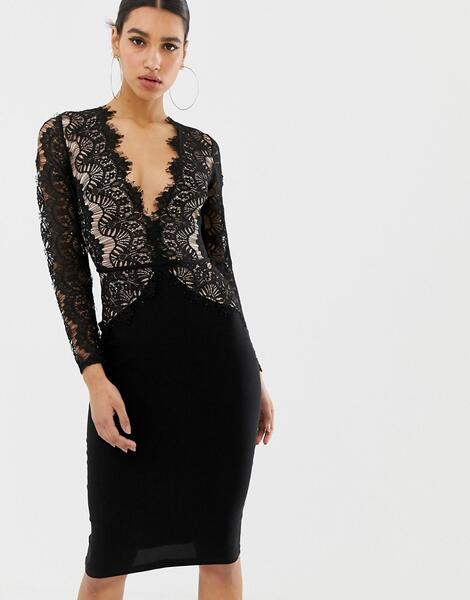 Платье миди ограниченной серии с кружевом Rare London - Черный 1292071
