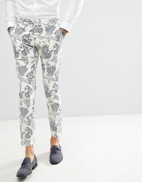 Кремовые льняные брюки скинни с флоковым рисунком Twisted Tailor weddi 1225941