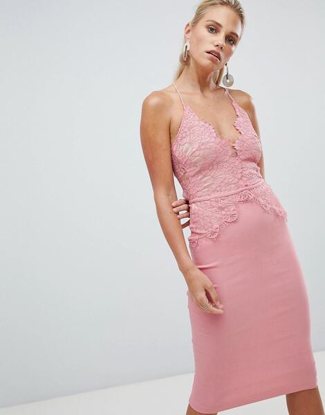 Платье миди с кружевным топом Rare London - Розовый 1292158