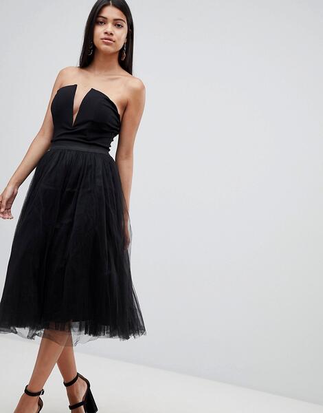 Платье-пачка миди с глубоким вырезом Rare London - Черный 1292051