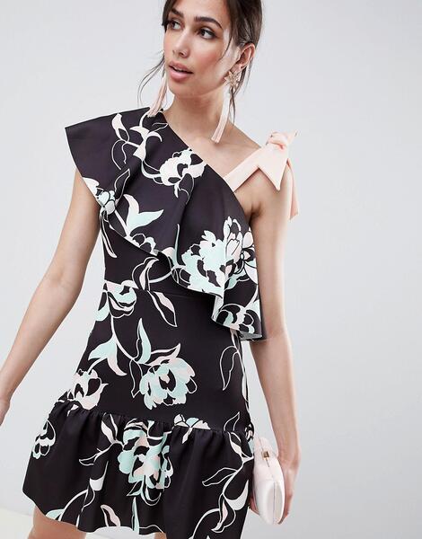Платье мини на одно плечо с цветочным принтом ASOS DESIGN - Мульти 1282931